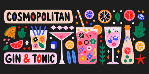Obraz premium Cocktail and garnish vector illustration with colorful drinks and citrus fruit slices cosmopolitan gin tonic