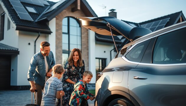 Family packing luggage into a modern electric car trunk in front of a suburban house with solar panels on the roof