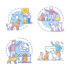 Fototapeta premium Colorful cartoon people learning together in bubbles - Four cheerful cartoon characters in thought bubbles engaging in learning and teamwork activities with books and laptops.