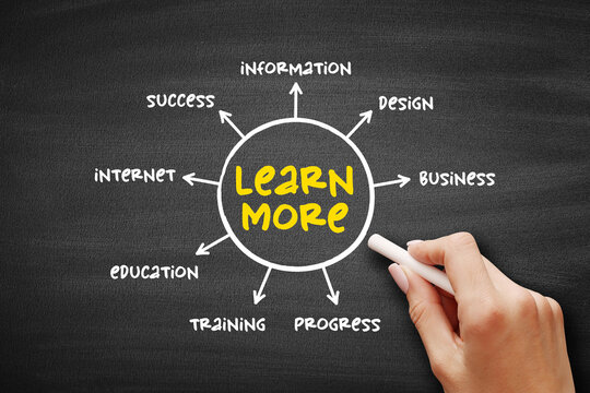 Learn More concept diagram showing information, design, business, success, internet, education, training and progress connected to learning and development paths