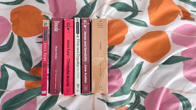 vintage paperback novels lined up on a fruit patterned cloth, including Dracula by Bram Stoker, Jane Eyre by Charlotte Bront&euml;, and Ethan Frome by Edith Wharton, June 24, 2026, Schaumburg, IL