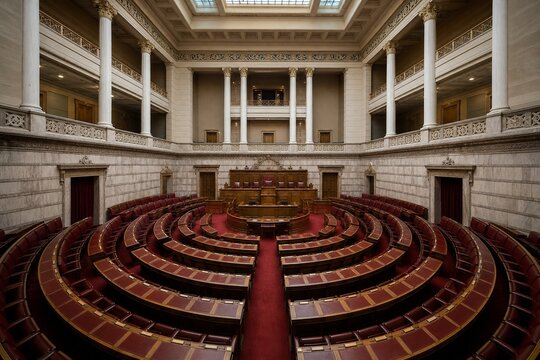 Classical marble parliamentary hall with empty red leather seats in semicircle.