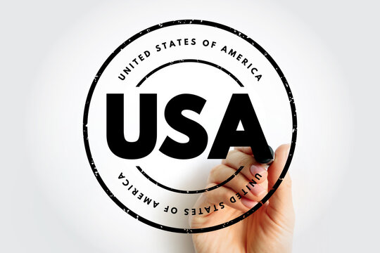USA United States of America text in circular stamp with hand holding pen, national identity and geography concept visual design