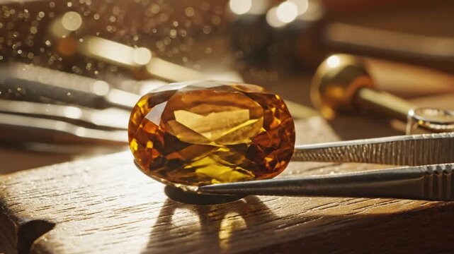 Radiant Citrine Gemstone Being Crafted with Precision Tools