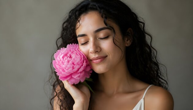 A Serene Young Woman Gently Holds a Pink Peony Flower to Her Face