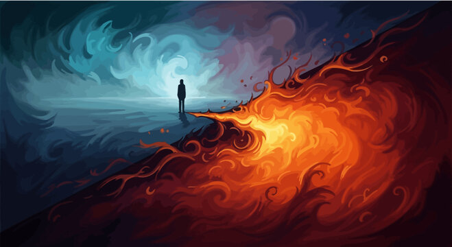 Silhouette man on edge of fire and ice, duality, choice, contrast, surreal, abstract