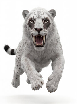 Photorealistic Homotherium serum running toward the camera, isolated on white background, showing detailed anatomy and scientifically accurate paleontological reconstruction.