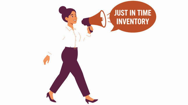 Woman holding megaphone announcing just in time inventory.