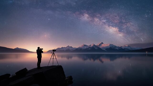 Lone photographer captures Milky Way galaxy arching over snowy mountains reflected calm lake dusk and dawn stunning landscape