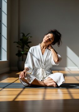 A young woman in a white robe sitting cross-legged on a yoga mat in a sunny room, stretching her neck