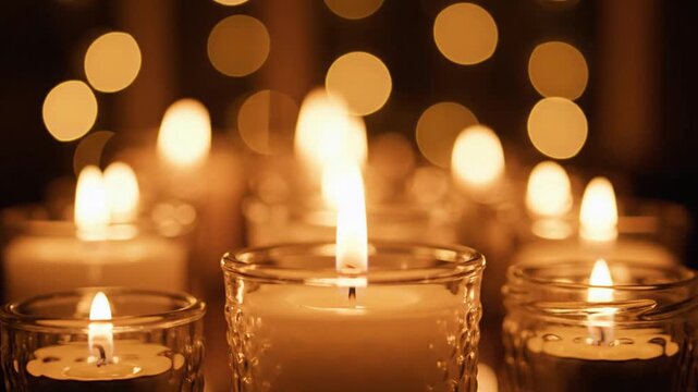 Multiple glowing candles in glass jars creating a warm, soft, and blurry bokeh background effect, evoking a peaceful and serene atmosphere.