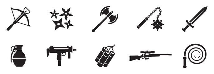Weapons and combat gear icon set. Medieval and modern weapon symbols. Vector illustration. Vector Graphic. EPS 10. © Jeremy_Show