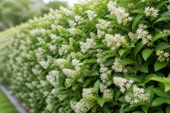 Dense privet hedge covered in clusters of tiny white flowers.