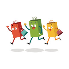 Fototapeta premium Three happy shopping bag characters running