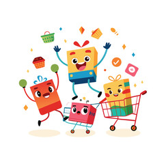 Fototapeta premium Happy cartoon grocery boxes shopping together