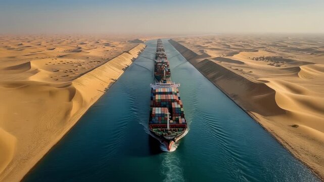 Massive container ship navigates narrow desert canal, creating striking path of cargo transportation through serene waterways