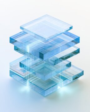 Futuristic abstract digital technology concept showing translucent blue glass cube blocks stacked together with glowing internal fiber optic circuit lines on a clean white background render.