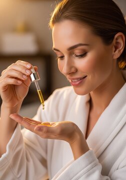 A smiling woman in a bathrobe holding a dropper pipet and dripping golden cosmetic oil or serum into her hand