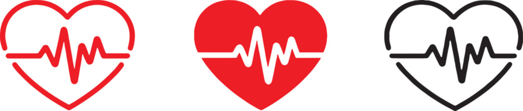 Heartbeat icon set, heart shape with pulse line symbols, cardiology and health monitoring concept,  line inside heart icons, medical and fitness theme minimal design