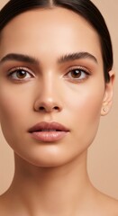 Fototapeta premium Vertical close up portrait of a young woman with neat dark hair and soft natural makeup looking straight into the camera on a neutral background