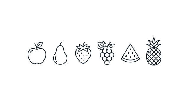 Minimalist black outline fruit icons set including apple pear strawberry grapes watermelon and pineapple for healthy food graphic design