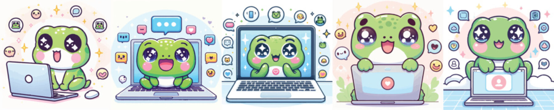 Vector of a cute cartoon frog character participating in a video call