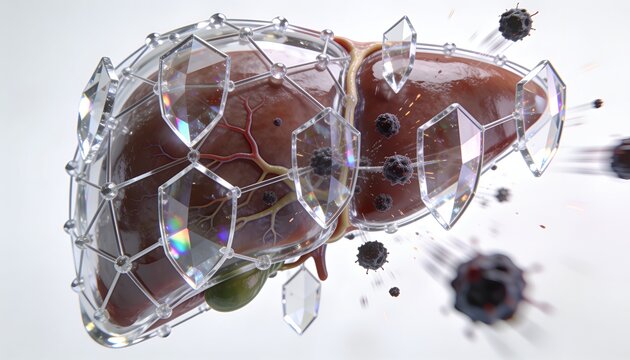 Medical science concept of transparent liver protected by interconnected crystalline shields against dark particles