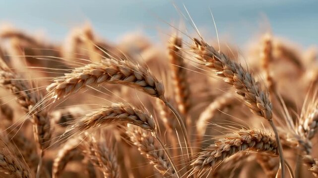 Golden wheat ears ripening in a sunlit agricultural field during harvest season