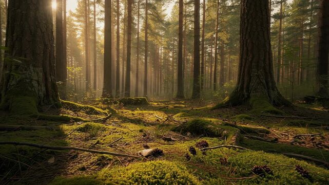 Sunlit Forest Floor Tranquility of Soft Moss, Scattered Pine Cones, and Filtering Sunlight Through Tall Trees in Nature