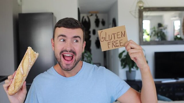 Exctied Celiac Man Holding Handwritten Gluten Free Sign with Joy After Finding out there exist bread without gluten