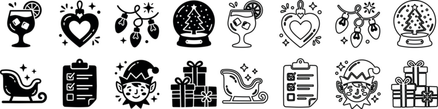 Christmas holiday icons featuring drink, heart ornament, string lights, snow globe, sleigh, checklist, elf, and gifts
