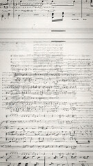 Fototapeta premium Dense handwritten orchestral score sweeping past in perspective on aged paper, vertical loopable fly-through for music documentaries, composer content and audio branding.