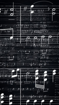 White musical notes drifting across a deep black background in a dynamic fly-through, vertical cinematic style for music videos, audio promos and creative title backdrops.