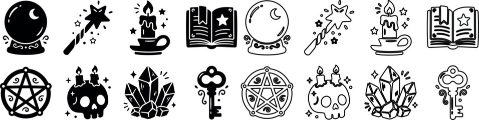 Fototapeta premium Set of magical and mystical black symbols including crystal ball, magic wand, candle, spell book, pentagram, skull with candles, crystals, and ornate key