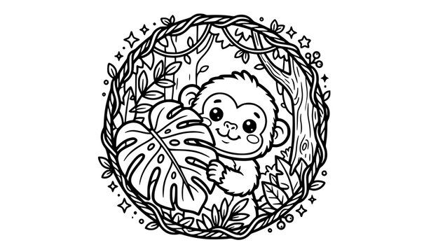 Kawaii monkey face coloring page vector cute cartoon animal emblem line art icon
