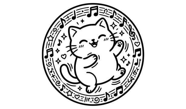 Kawaii dancing cat coloring page vector cute cartoon kitten with musical notes line art icon