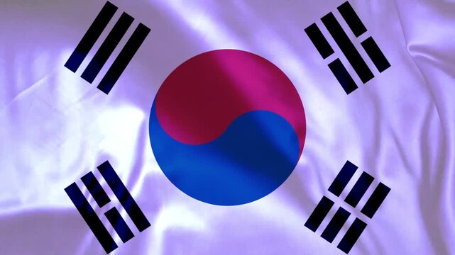 Waving South Korean flag with Taegeuk symbol and trigrams on white satin fabric