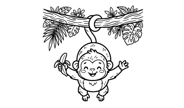 Cute monkey hanging from tree coloring page vector playful cartoon jungle animal line art illustration