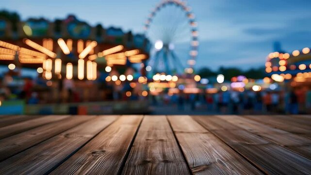 Empty wooden table with a blurred background of a lively amusement park at night, featuring a colorful carousel and a ferris wheel with bokeh lights, perfect for product placement or display