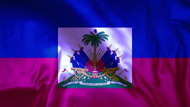 Waving National Flag of Haiti with Detailed Coat of Arms Emblem Featuring Palm Tree and Cannons on Blue and Red Fabric Texture