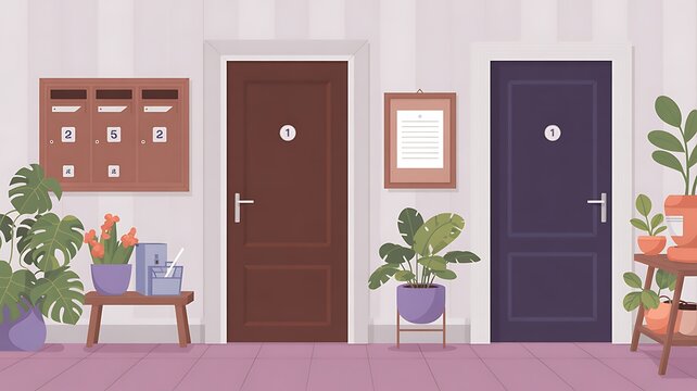 Apartment building corridor with numbered doors, with mailbox and letters, framed notice board, and indoor plants. Modern residential hallway interior in pastel colors. Flat vector illustration 