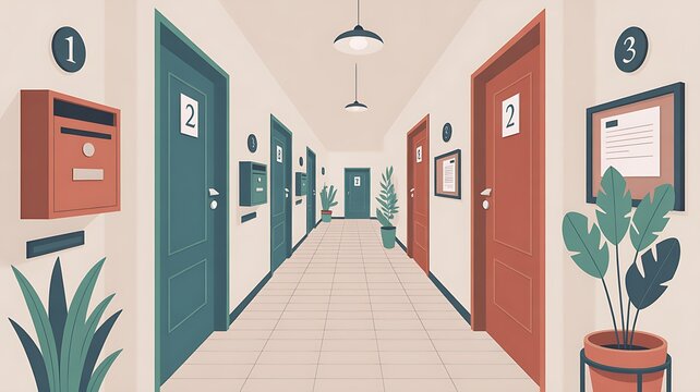 Apartment building corridor with numbered doors, with mailbox and letters, framed notice board, and indoor plants. Modern residential hallway interior in pastel colors. Flat vector illustration 