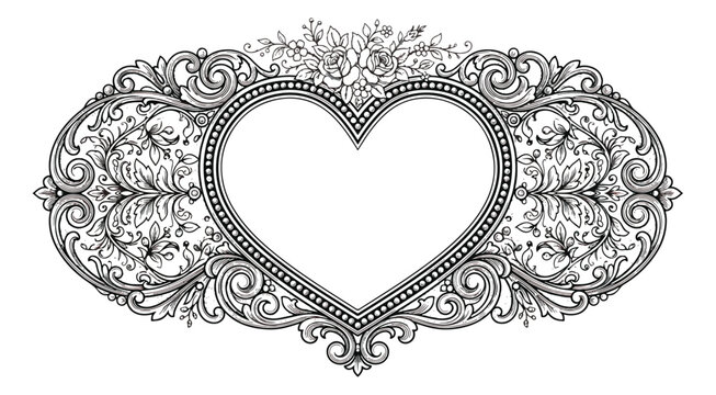 Vintage ornate heart frame vector, baroque filigree border with floral scrolls, elegant black and white wedding invitation ornament, antique decorative lace