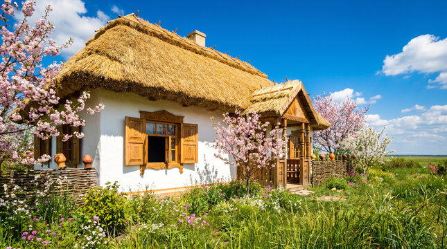 Traditional authentic Ukrainian cottage with white clay walls and thatched roof in a beautiful spring blooming garden under blue sunny sky