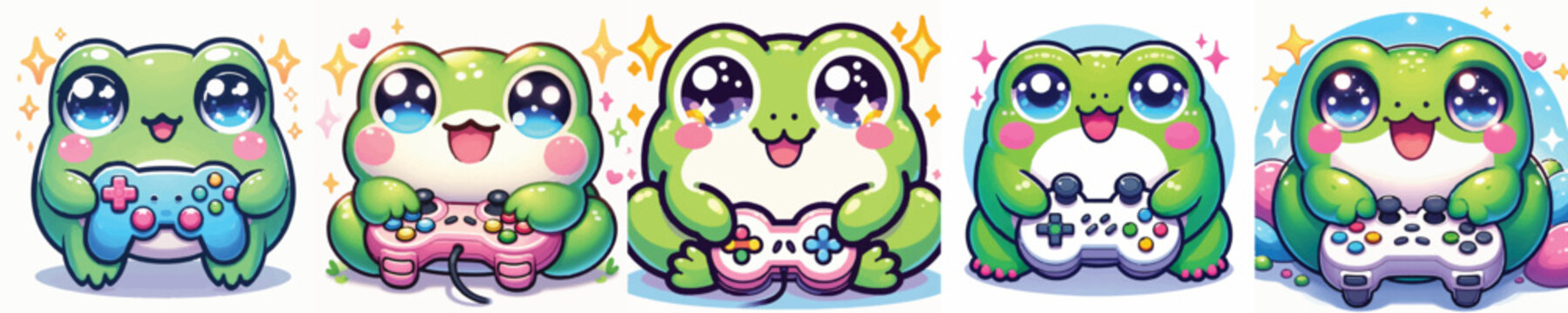 Vector of a cute cartoon frog character holding a game controller
