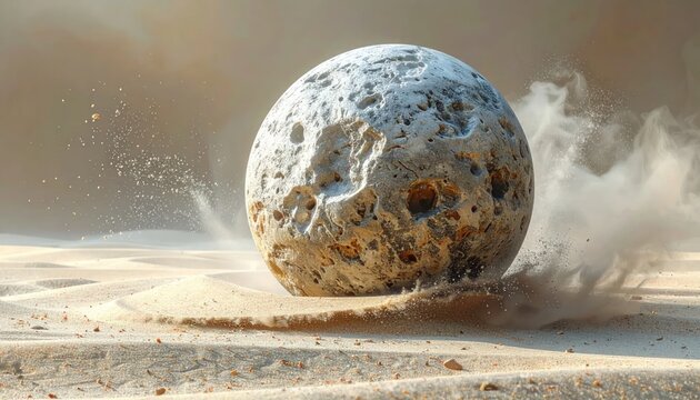 Large asteroid impact on sandy surface.