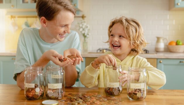 Smiling siblings sorting coins into jars while learning to save money at home