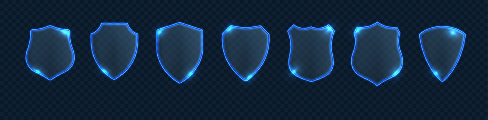Transparent glass shield with glowing neon arrows, 3D protective icon on dark background. Blue crystal emblem with light effects for security and safety concepts. © Art_Stars