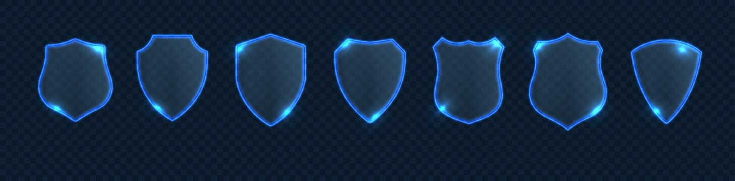 Transparent glass shield with glowing neon arrows, 3D protective icon on dark background. Blue crystal emblem with light effects for security and safety concepts.