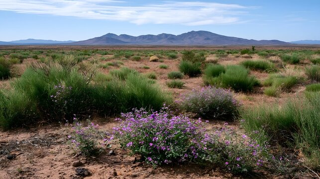 A tranquil vast desert field characterized by lush greenery and vibrant blooms creating a serene natural landscape